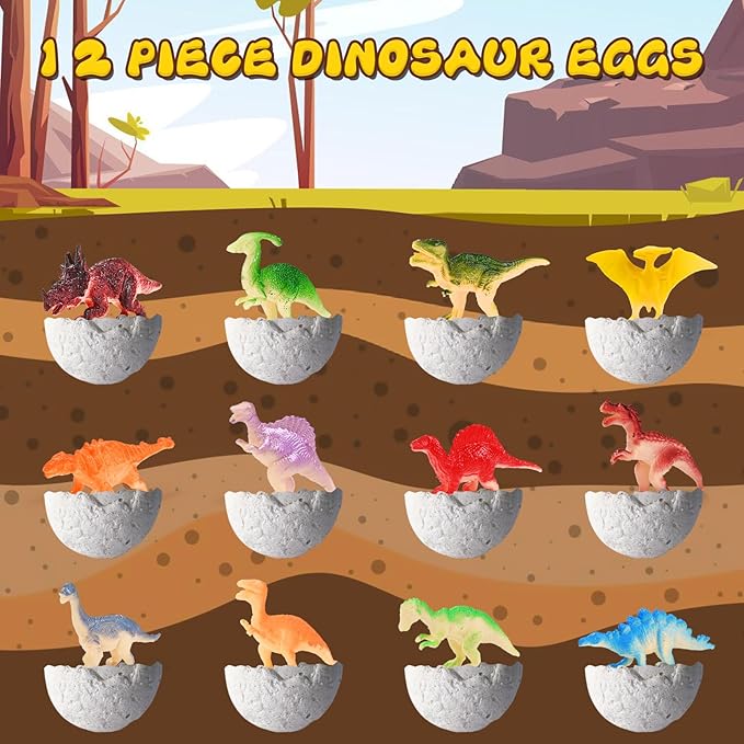 kolegend Dino Egg Dig Kit, 12 Pack Easter Basket Stuffers with 12 Dinosaur Cards and 1 Dinosaur Activity Playmat, Easter Basket Stuffers Toys for 3 4 5 6 7 8 9 10 11 Year Old Boys Girl