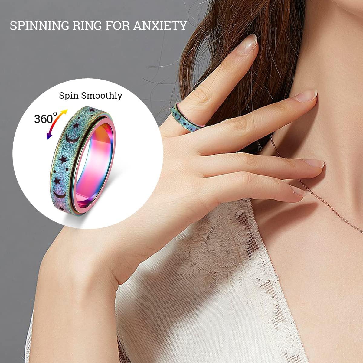 Anxiety Ring for Women Spinner Ring Fidget Ring Stainless Steel Spinner Rings Fidget Toys Adults Fidgit Rings Set Rose Gold Silver Rainbow Size 7