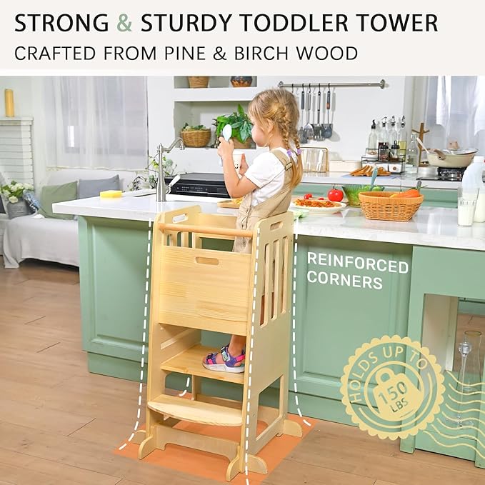 WINGYZ Toddler Kitchen Stool – Adjustable Helper Tower for Kids with Safety Rail, Wooden Standing Step-Up Stool, Sliding Door & Stable Base, Natural Wood