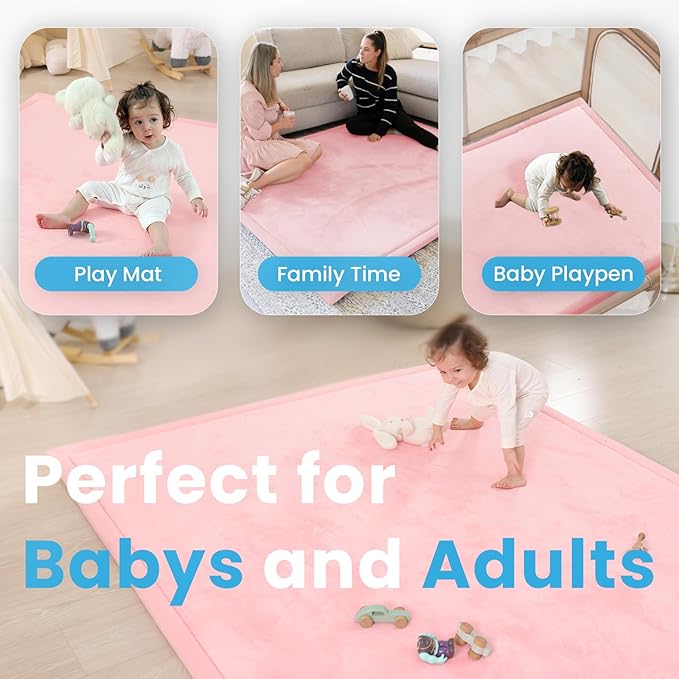 1.3" Thick Baby Play Mat for Floor Playpen, 50x50 Foam Tummy Time Mat, Padded Support Soft Plush Nursery Rug for Infant Kids Toddler Crawling Kick Activity (Pink)