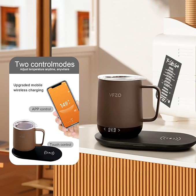 Temperature Control Smart Mug, Self Heating Coffee Mug LED Display, 180 Min Battery Life - Hot up to 149℉ Fast Wireless Charger Base Improved Design coffee serving sets mug(12oz, Coffee)