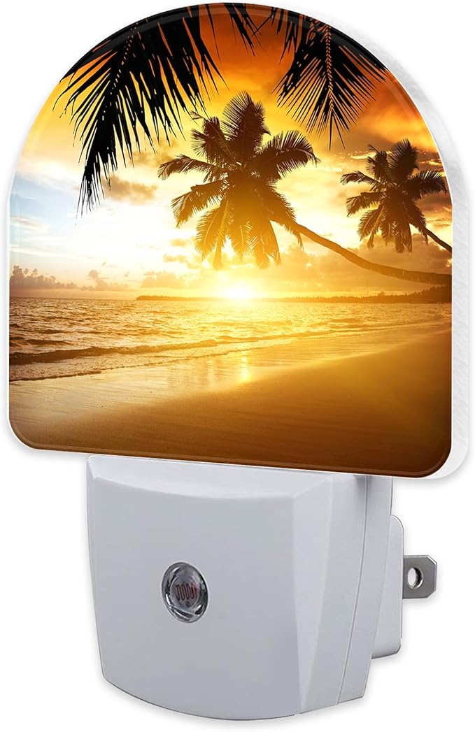 Tropical Ocean Beach Night Light, Palm Trees at Sunset Dusk to Dawn Night Light Plug in,0.5w Energy Saving Sleep Friendly NightLight for Kids Boys Girls Home Decor