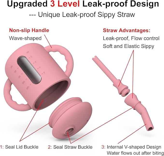 Seposeve 2 Pack Silicone Sippy Cups, Leak-Proof Baby Straw Cup for 6-12 Months, Spill Proof Toddler Cup with Straw 1-3 Years, with Capacity Marking, Non-slip Handle, Flow Control, 6 oz, Purple Pink