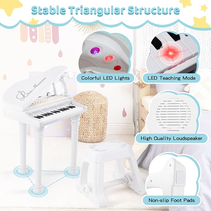 Costzon Kids Piano, 31 Key Mini Grand Piano Toy Keyboard with Microphone, Stool & Lights, Portable Electronic Piano Educational Musical Instrument Toy, Birthday Gift for Toddler Boys Girls (White)