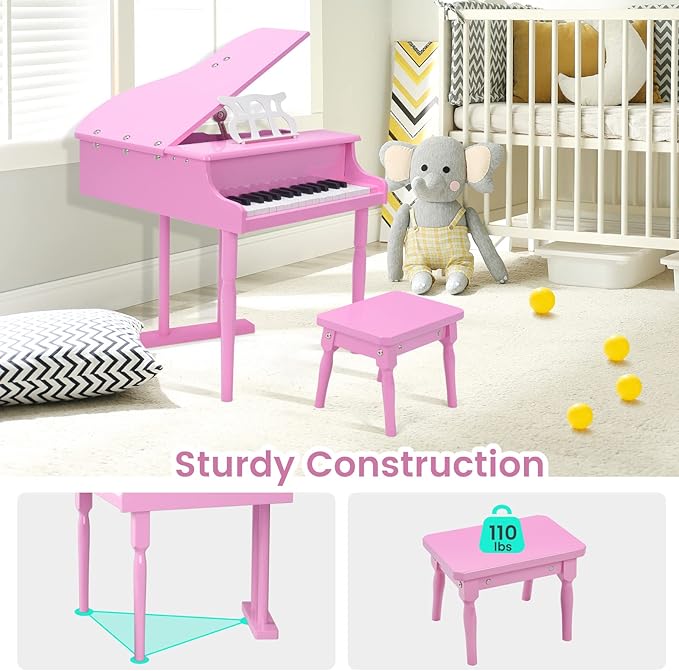 Goplus 30-Key Classical Kids Piano, Mini Grand Piano Wooden Learn-to-Play Musical Instrument Toy with Bench, Piano Lid, Music Rack, Gift for Boys Girls Aged 2+ Baby Toddler (3 Straight Leg-Pink)