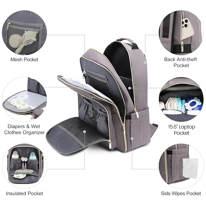 LOVEVOOK Diaper Bag Backpack, Quilted Baby Bag with Changing Pad & Pacifier Holder, Waterproof Travel Diaper Bags for Baby Boys Girls, Stylish and Large Capacity, Purple Grey