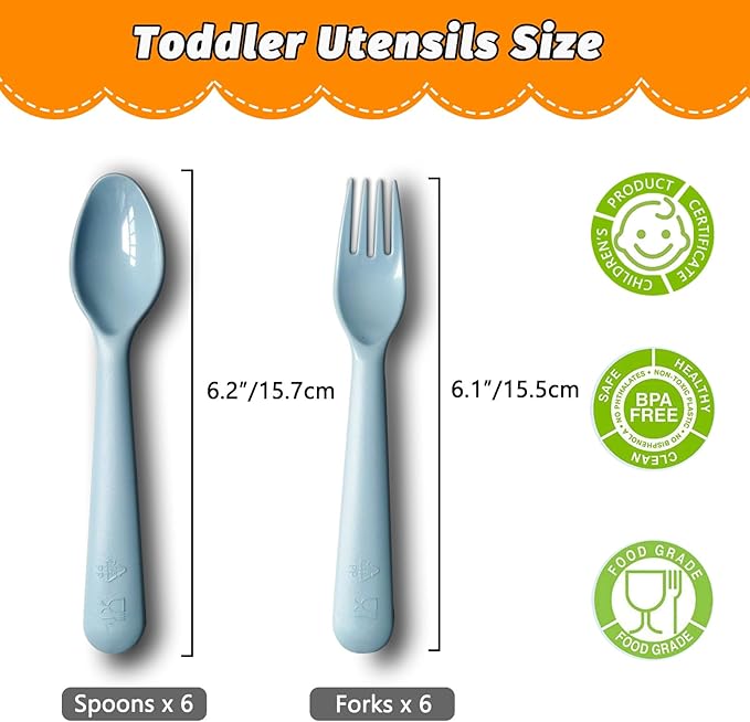 Kids Spoons and Forks Toddler Utensils Plastics Reusable Silverware Baby Cutlery Set Feeding Dinnerware Utensils BPA Free Microwave Dishwasher and Freezer Safe