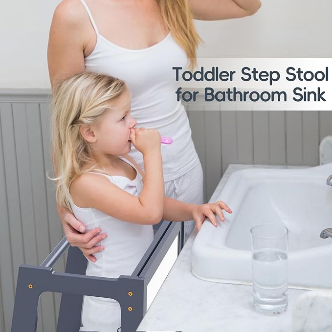 4 in 1 Toddler Step Stool Tower, Foldable Learning Standing Tower with Whiteboard 2 in 1 Convertible Table and Chair, Removable Safety Rail, Widened Platforms for Kitchen Counter Bathroom Sink