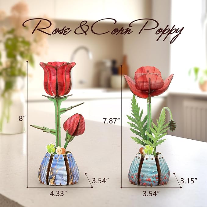 Jege 3D Flowers Wooden Puzzles for Adults,DIY Wooden 2 Flowers per Kit Building Set for Home Decor, Creative Craft Gift Toys Kits with 2 Perfume Bottles and Diffuser Sticks (Rose + Corn Poppy)
