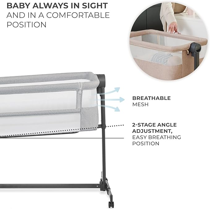Kinderkraft Neste UP2 Bedside Cot 2 in 1, Co-Sleeper from Birth, Travel cot for Newborn, Adjustable Height, Included Mattress Sheet, with 4 Wheels, Breathable Mesh, Gray