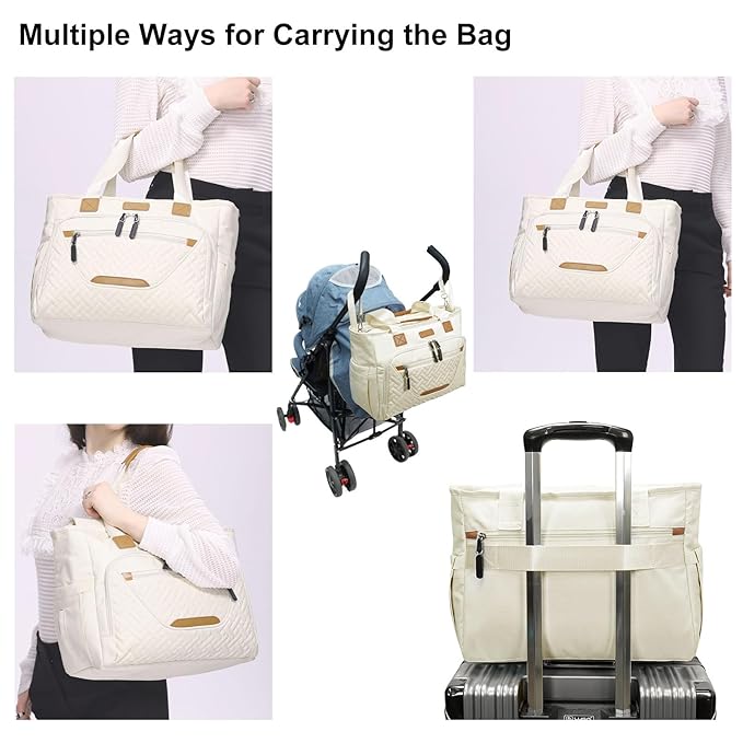 Tote Diaper Bags, Baby Diaper Handbag with 15.6 Inch Laptop Compartment, Travel Diaper Bag with Insulated Pocket Ideal for Baby Registry (Beige)