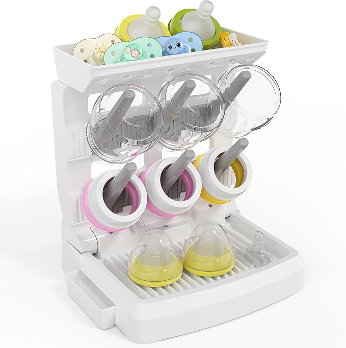 Baby Bottle Drying Rack for 6 Bottles, Vertical Cup Drying Holder, Space Saving Countertop Standing Bottle Dryer Rack for Baby Accessories & Pump Parts (Small White&Grey)