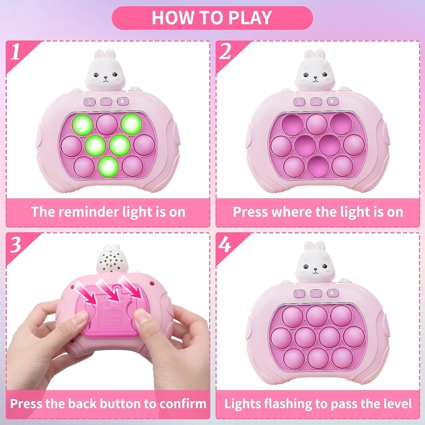 Pop Game Light Up Fidget Toy, Quick Push Bubble Game, Decompression Breakthrough Puzzle Pop Game Machine, Multiple Game Modes Toy for 3+ Years (Rabbit)