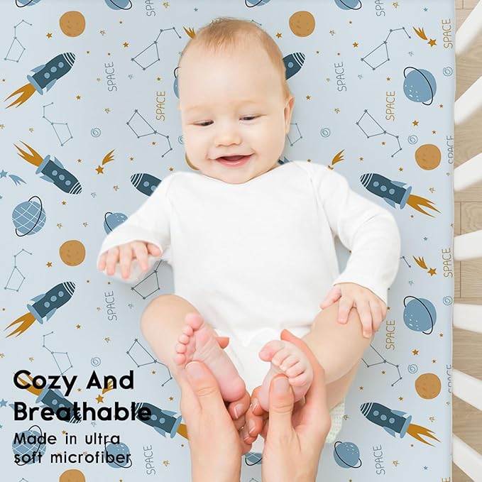 Yoofoss Baby Crib Sheets for Boys Girls, Fitted Crib Sheet 2 Pack for Standard Crib and Toddler Mattress, Super Soft Microfiber Baby Sheet 28x52x8in(Blue Rocket)