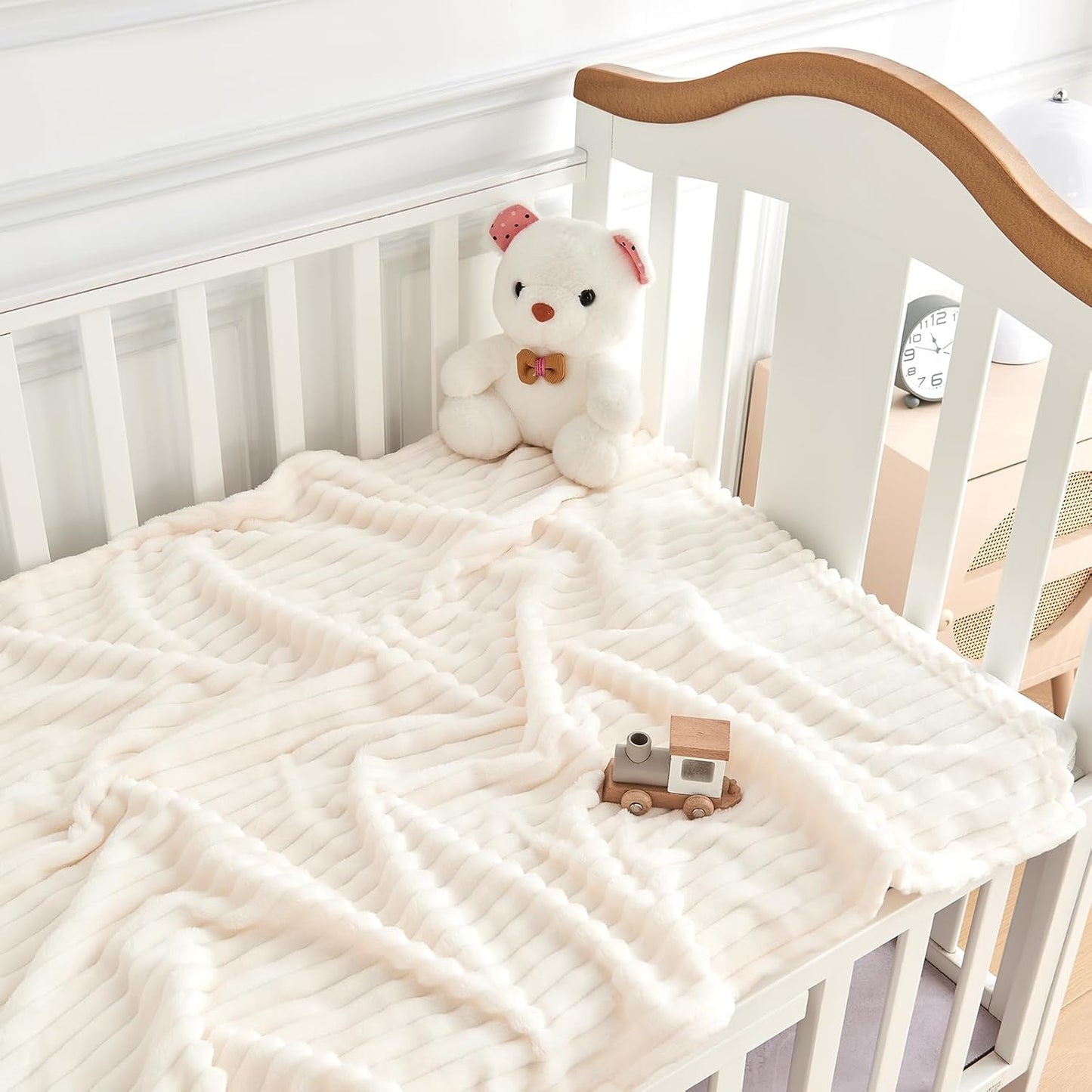 Soft Fleece Baby Blanket Ultra Cozy Baby Blankets for Boys Girls Warm and Lightweight Infant Toddler Newborn Receiving Gift with Reversible Stripes for Crib Stroller, 30x40 Inch, Cream