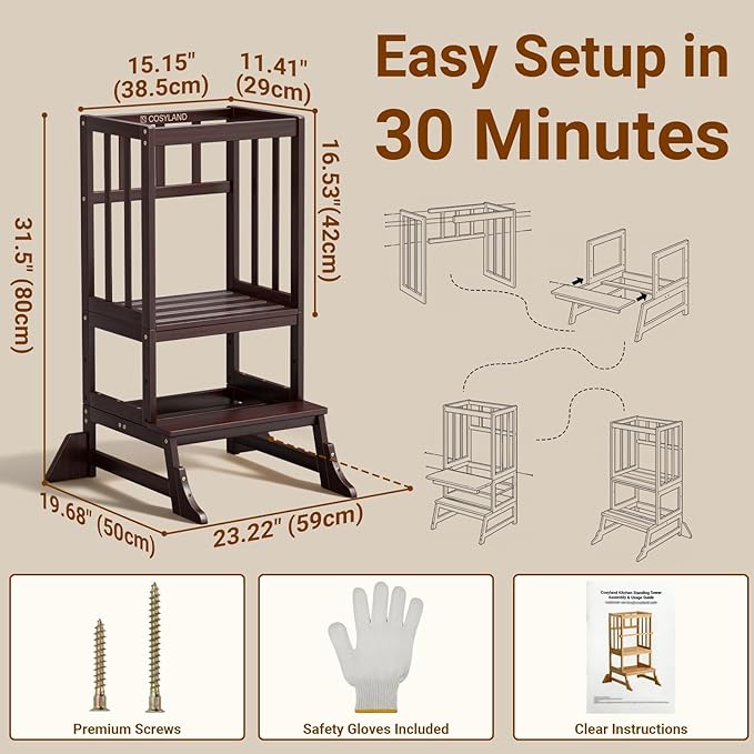 COSYLAND Height Adjustable Kitchen Stool for Toddlers – Portable Toddler Standing Tower for Learning and Cooking – Stable Kids Helper Tower with Stability Block for Kitchen Counter (Walnut)