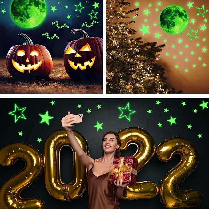 Glow Stars and Full Moon Wall Stickers for Starry Sky,Glowing Star Beautiful Wall Decals for Any Room,Beautiful Wall Decals for Kids Gift,Glow in The Dark Stars Light Your Ceiling