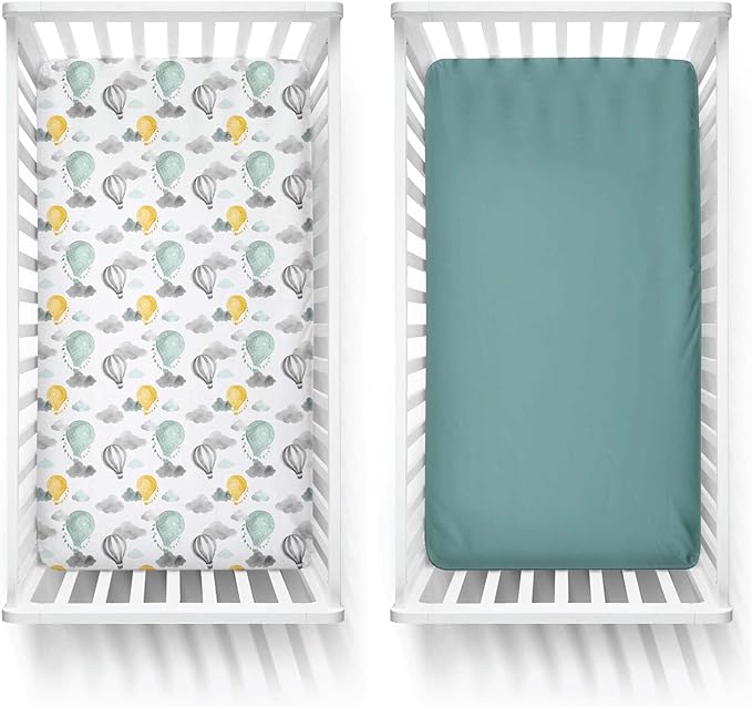 Featherhead™ 2-Pack Fitted Crib Sheets - 100% Cotton - 52" x 28" x 9" for Standard Crib and Toddler Mattress (Percale Green Balloons)
