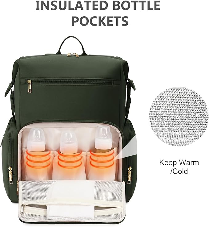 CEI-CEI Neoprene Diaper Bag Backpack with Insulated Pockets, Large Newborn Baby Maternity Bags Travel Tote with Changing Pad (Army Green)