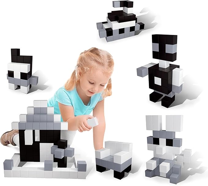 PicassoTiles 101pc Magnetic Puzzle Cube Set Black and White 1 Inch Construction Blocks STEM Educational Toy for Kids Age 3 Plus Sensory Learning Kit with Idea Book for Building and Creativity PMC101