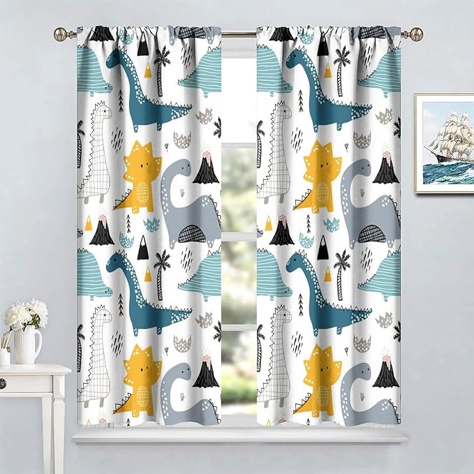 Kids Dinosaur Curtains for Boys Girls Bedroom Decor Cartoon Dino Colorful Cute Funny Wildlife Animal Printed Blackout Rod Pocket Window Drapes for Baby Nursery Playroom Living Room W21xL45in Decor