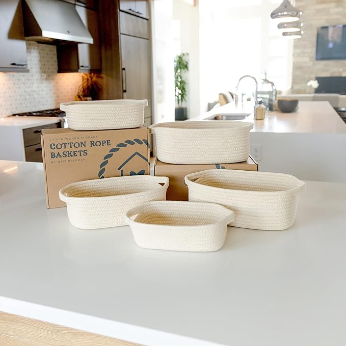 NaturalCozy 5-Piece Rectangle Storage Basket Set- Natural Cotton Rope Woven Baskets for Organizing! Small Basket for Montessori, Baby Nursery, Dog Toy Baskets, Cat Toy Box, Bathroom Organization Bin