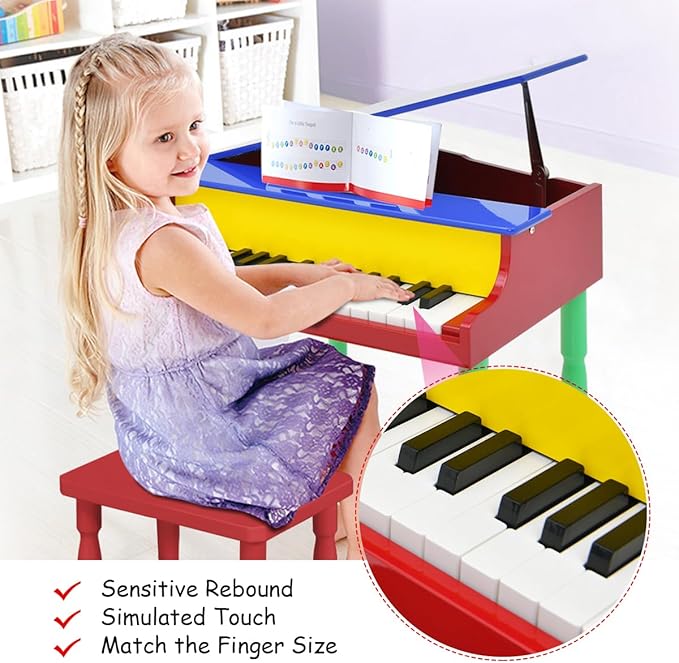 HONEY JOY Classical Kids Piano, 30-Key Mini Grand Piano with Music Stand and Bench, Wooden Musical Instrument Toy w/Lid & Music Rack, Gift for Boys Girls Ages 3+