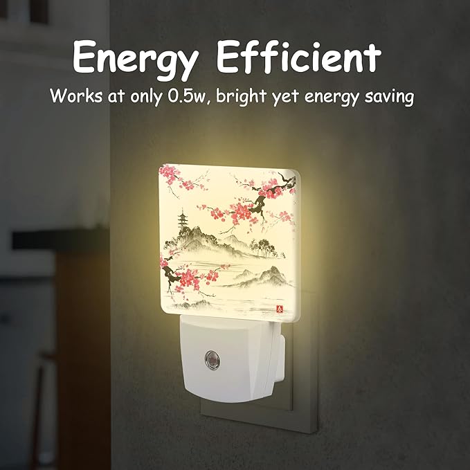 Cherry Blossom Lake and Hills Night Light Plug Wall,Japanese Sumi-e Painting LED Night Lights with Dusk to Dawn Light Sensor for Women Girls Boys Room Decor,Hallway,Kitchen,Bathroom,Nursery,Stairs