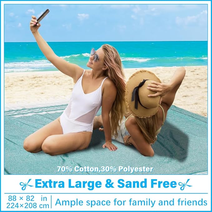 Oversized Turkish Beach Towel Blanket XXL Cotton Sandproof Towels Boho Woven Extra Large Big Sand Free Giant Throw Thick Blankets Huge Quilt XL Picnic Camping Necessities Cloud For Adult Gifts Teal