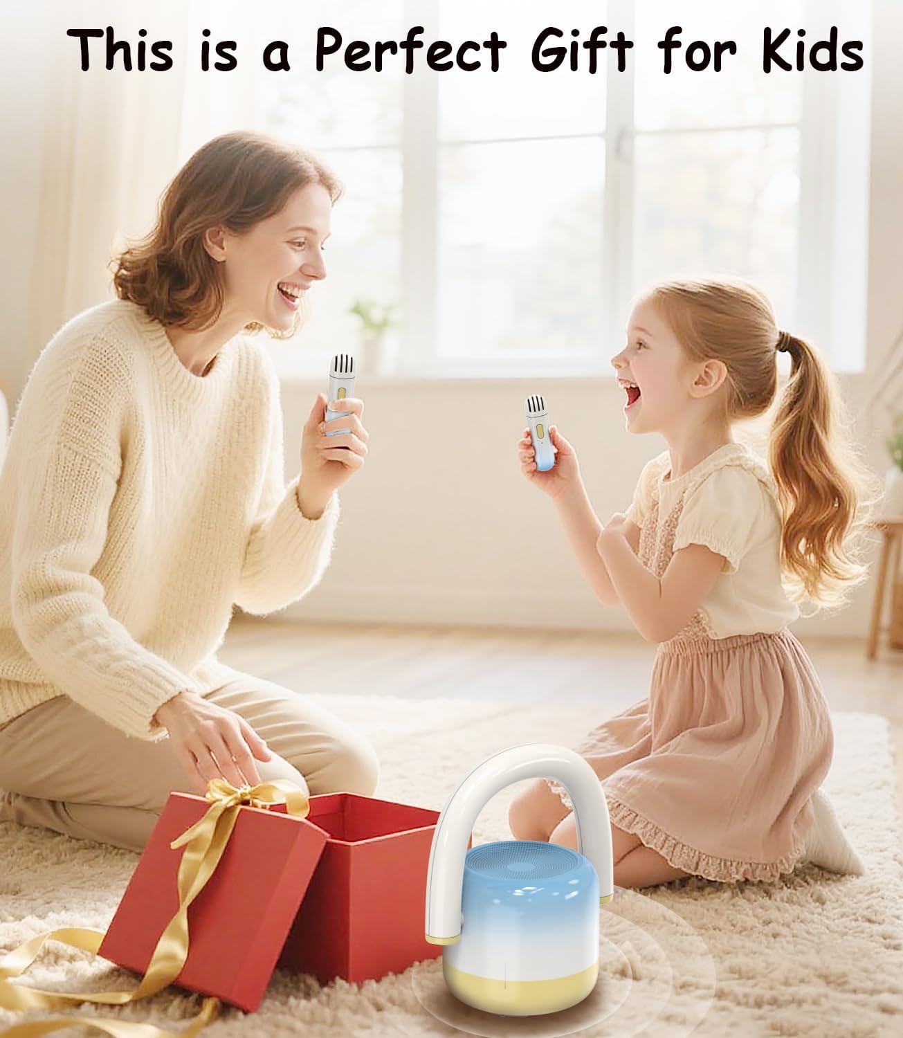 EWA Portable Mini Metal Karaoke Machine, Bluetooth Karaoke Speaker with 2 Wireless Microphones, Ideal Gifts for Girls Boys Family Home Party Birthday Christmas Toys Gifts-(Blue)