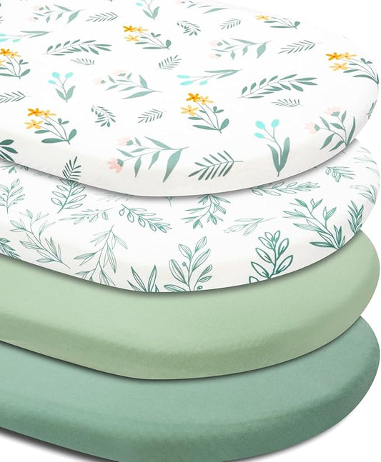 4 Pack Sage Green Fitted Nursery Sheets Breathable Neutral Unisex Baby Sheets for Boys or Girls with Leaf and Flower Design (Bassinet)