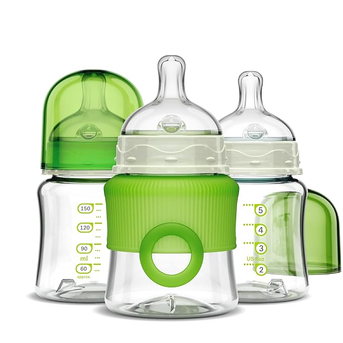 Smilo Baby Bottle Set with Stage 0 Slow Flow Anti Colic Nipple, 5 Oz / 150 ml Capacity, 3X Pack of Anti Colic Baby Bottles 0-3 Months - Glow in The Dark