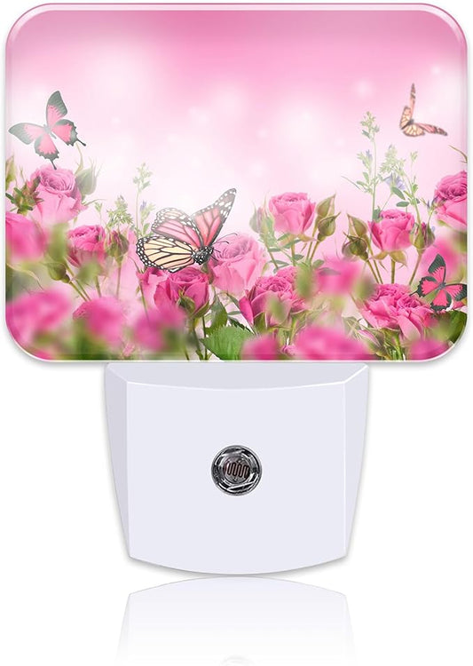 Beautiful Pink Roses Plug in Night Lights, Pink Butterfly Nightlight Plug Into Wall Dusk to Dawn Sensor for Kid Girls Boys Women Men Room, Hallway, Kitchen, Bathroom, Stairs Decor