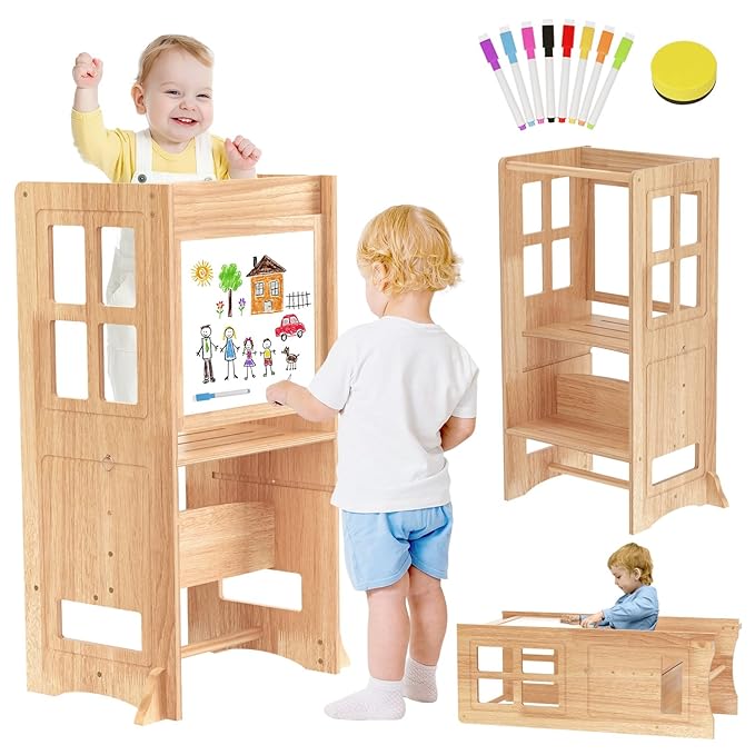 4 in 1 Toddler Step Stool Convertible Table and Chair, Adjustable-Height Toddle Kitchen Step Stool Helper Tower with Double-Sided Whiteboard, Kids Learning Standing Tower for Bathroom Sink