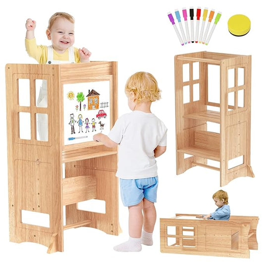 4 in 1 Toddler Step Stool Convertible Table and Chair, Adjustable-Height Toddle Kitchen Step Stool Helper Tower with Double-Sided Whiteboard, Kids Learning Standing Tower for Bathroom Sink