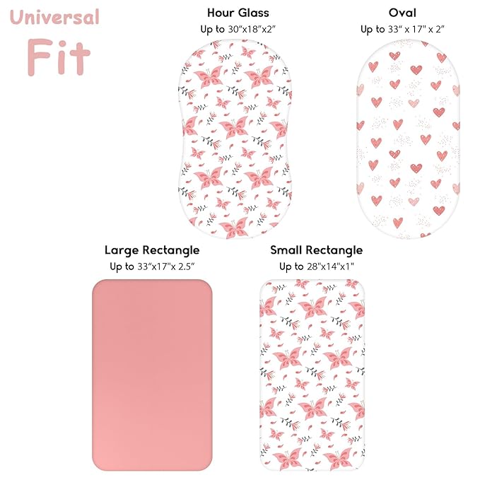 Yoofoss Bassinet Sheets for Baby,3-Pack Fitted Bassinet Sheets Set Compatible with Halo Bassinest Swivel Sleeper,Baby Delight,Angelbliss,Soft Breathable Bassinet Mattress Sheets(Pink+Butterflies)