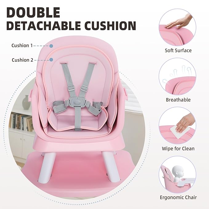 8 in 1 Baby Highchair, Convertible High Chair for Babies and Toddlers, Booster Seat w/5-Point Safety Belt, Toddler Building Block Table, Dishwasher Safe Tray, No Tool Install, Pink