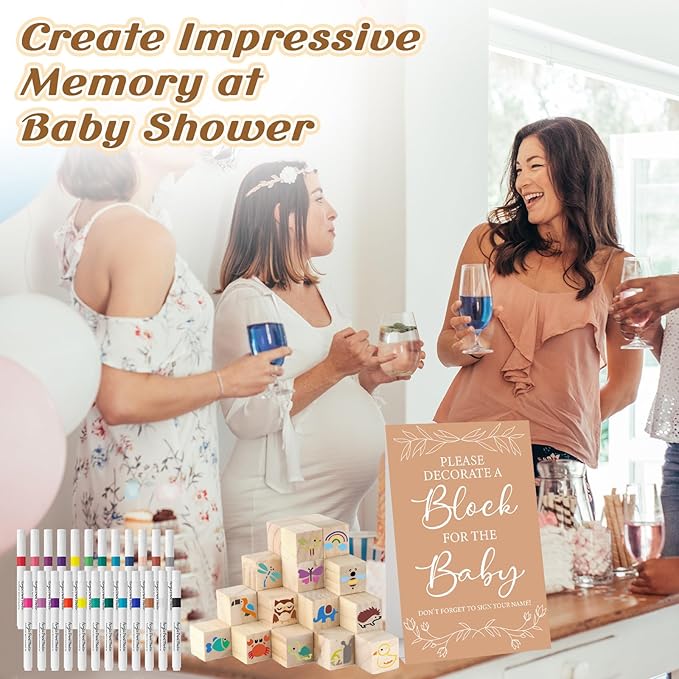 117 Pcs Baby Shower Blocks to Decorate Game Kit Includes 52 Wooden Blocks 24 Markers 1 Game Sign 40 Templates to Paint (Kraft)