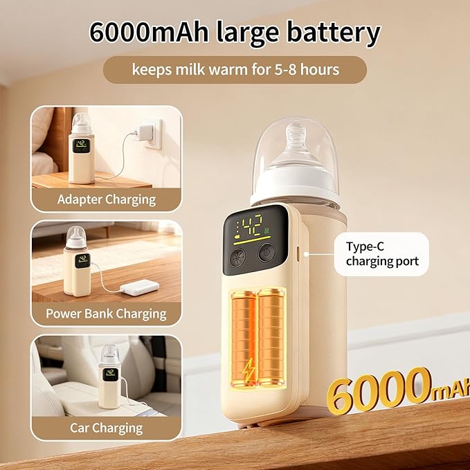 Portable Baby Milk Bottle Warmer for Breastmilk and Formula Feeding,Travel Baby Bottle-Feeding Breast Milk Waterless Warmer,Rechargeable 6000 mAh Battery,Digital Display,Bottle Warmer On the Go