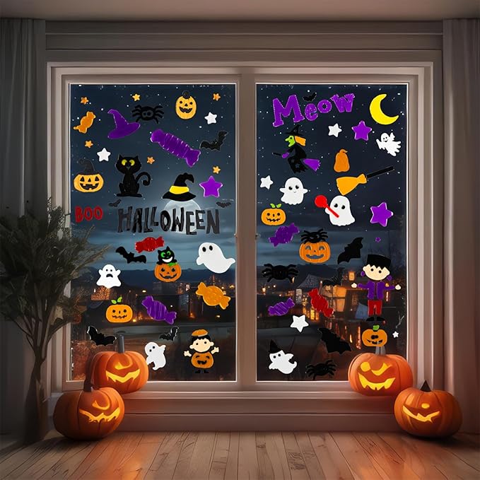 5 Pcs Halloween Window Clings Gel Reusable Static Window Decorations for Office, Classroom, Fridge, Holiday Window Stickers, Vibrant Fall Decor