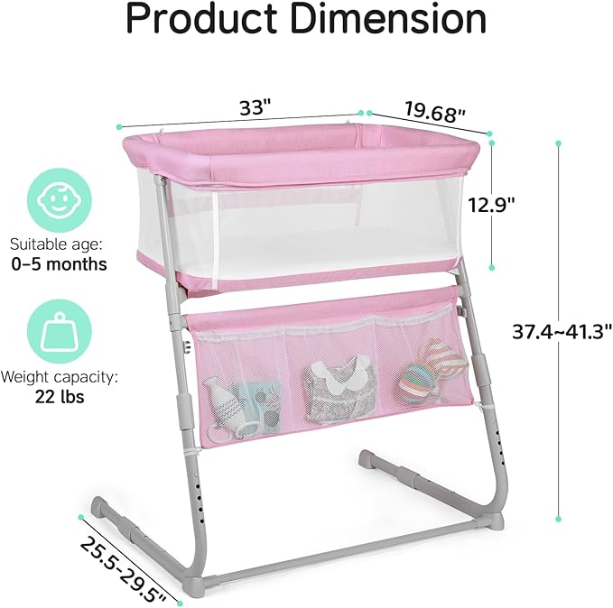 Cowiewie Bassinet Bedside Sleeper,Baby Bassinets Higher Place on Bed,5-Position Adjustment Baby Crib,Breathable 360°All-Around Mesh Sides Bedside Bassinet,Space-Saving Bedside Cribs, Pink