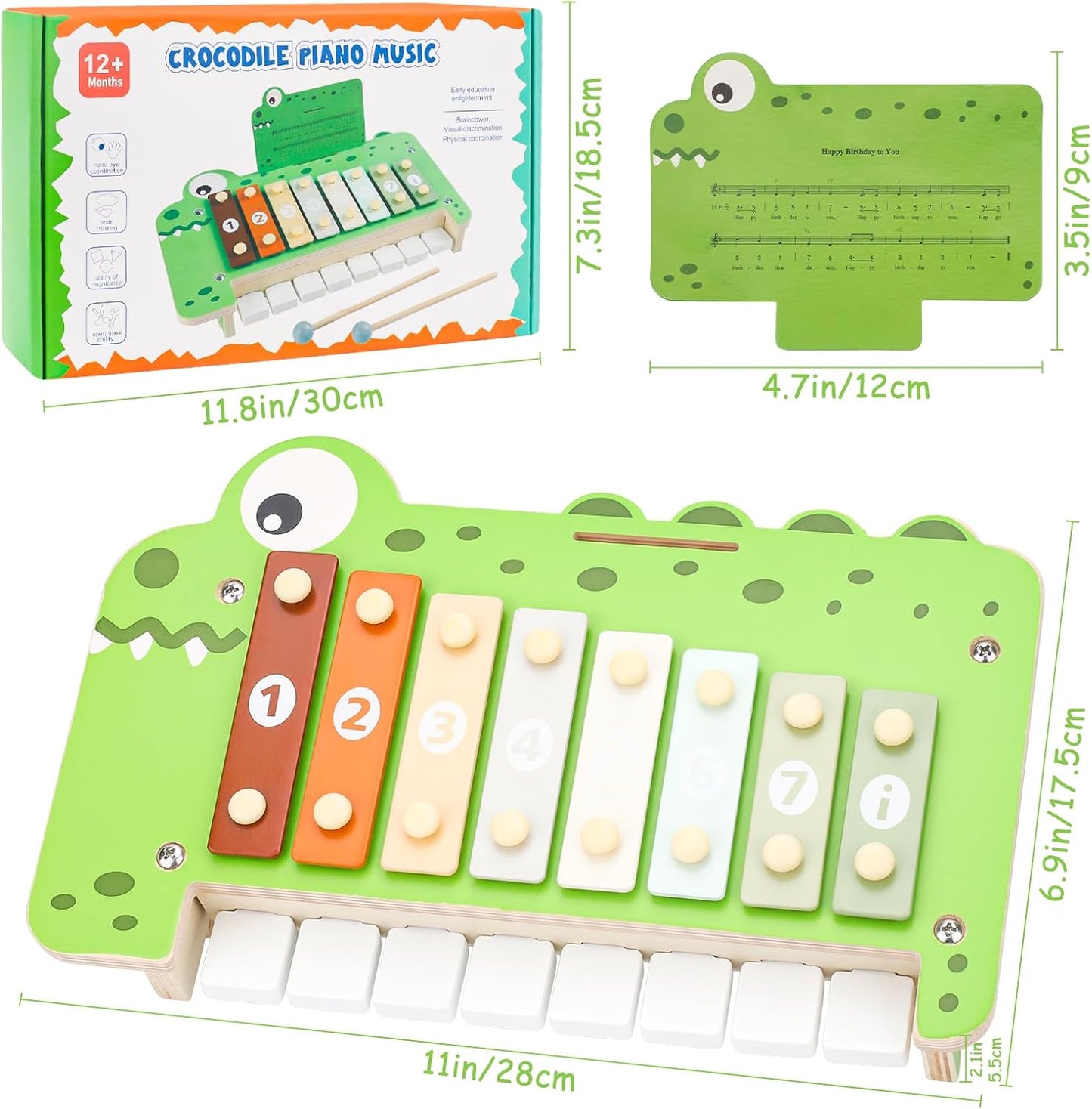 Baby Piano Xylophone Musical Toys - 2 in 1 Wooden Montessori Crocodile Toys for Toddler Kids, 8 Multicolored Key Keyboard Instruments, Preschool Educational Musical Learning Toy for Girls Boys