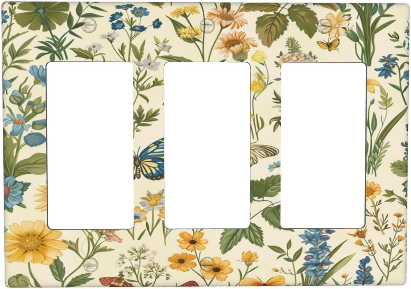 Decorative Outlet Covers Rustic Plant Garden Leaf Flower Butterfly 3 Gang Wall Plate Triple Rocker Light Switch Cover Plate Jumbo Electrical GFCI Faceplate for Bedroom Home Decor