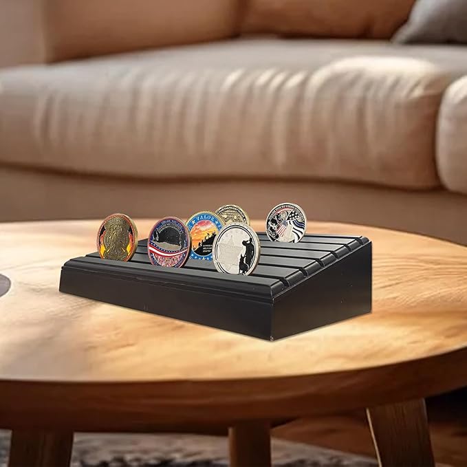 6-Row Military Challenge Coin Display Stand - Challenge Coin Holder with Rustic for Collectors Organize Medals & Memorabilia - Coin Holder for Home, Office, Showcase (Holds 30-36 Coins, American Flag ) (Black) (Black-Storage Box)