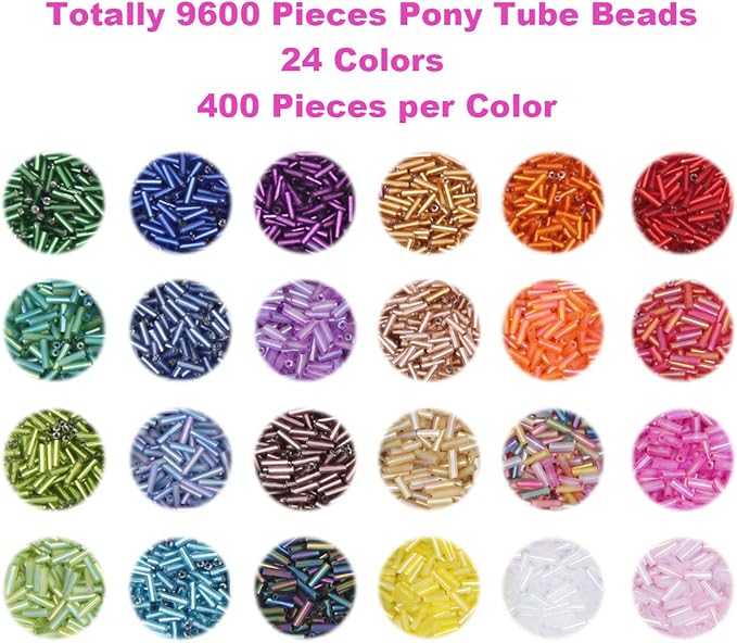EuTengHao 9600pcs Tube Beads Kit Glass Bugle Seed Beads Small Craft Beads for DIY Bracelet Necklaces Crafting Jewelry Making Supplies with Two Crystal String (7mm, 400 Per Color, 24 Colors)
