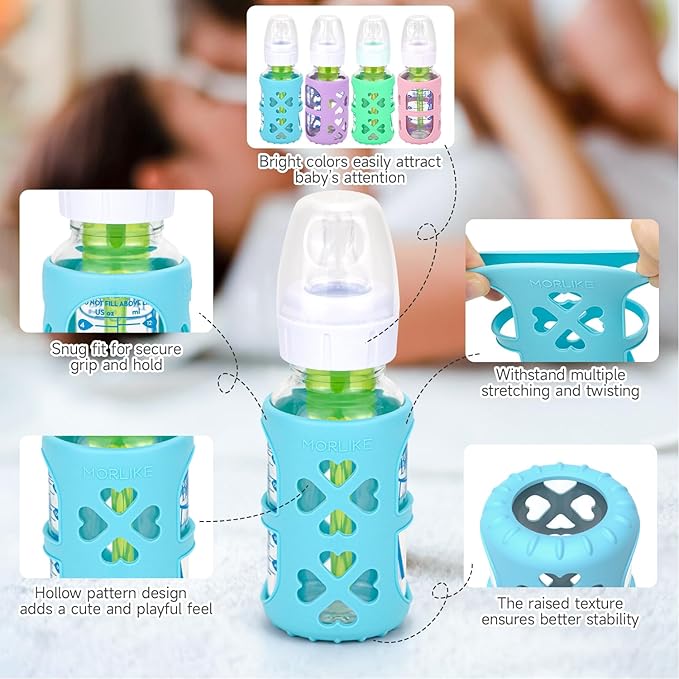 MORLIKE 4 Pack Silicone Sleeves Fit for 4 oz/120 mL Dr. Brown's Natural Narrow Glass Baby Bottle, 100% Silicone Covers Protect Glass Bottle, Easy to Grip Baby Bottle Holders for SB41001-P4, SB42003-P2