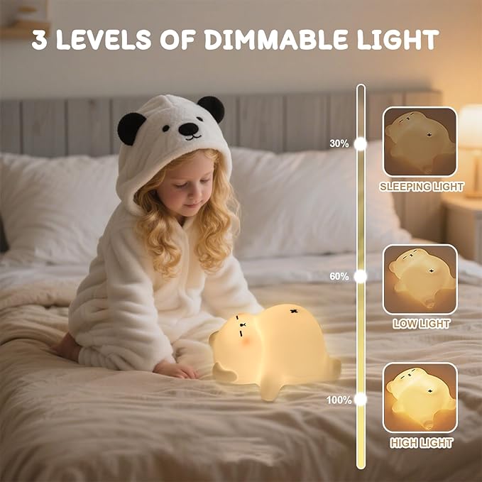 Squishy Night Light for Kids, Bear Silicone Night Light - Rechargeable with Soothing Snore Sounds & Moving Tummy, 3-Level Dimming Touch Control