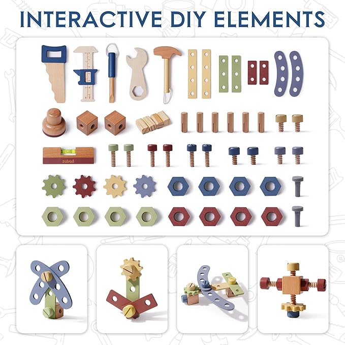 ROBUD Wooden Toy Workbench, Large Kid's Wooden Play Tool, Pretend Play Creative Building Set, Construction Workshop Tool Bench Toys, Gift for Girls & Boys, 3+