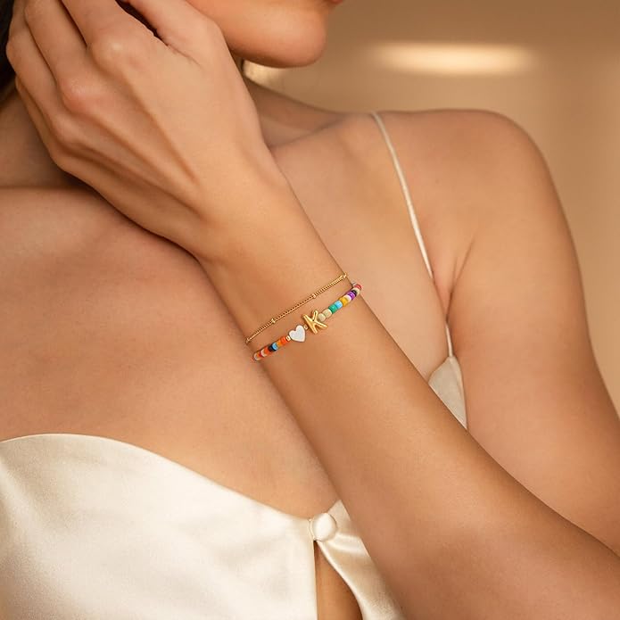 Colorful Initial Bracelets for Women Girls - 14K Gold Plated Heart Initial Letter Daint A-Z Charm Bracelet Summer Jewelry Teen Girl Gifts for Teen Kids