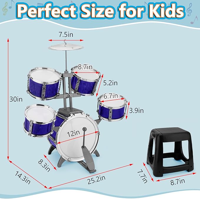 Kids Drum Set 5 Piece Toddlers Jazz Drum Kit with Stool Musical Instrument Toys for 3 4 5 6 7 Year Old Boys Girls Birthday Gift